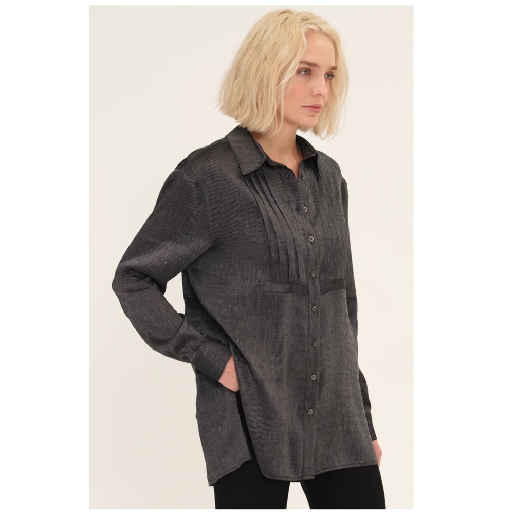 Harshman | Silk & Linen Quiet Luxury Drea Tunic Top Charcoal Stripes | XS - Picture 4 of 14